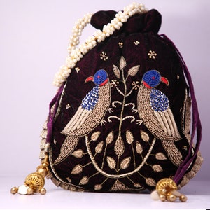 Art Deco Embroider Applique Bird Wine Red Velvet Fabric Women Handmade Handbag Potli Bags, Indian Artisian Handbag, 20s Fashion Handbag