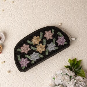 Floral Style Beaded Coin Purse, Zippered Change Embroidered Pouch Luxury Wallet, Designer Key Pouch