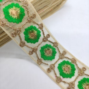 Indische gestickte Spitzenborte: Grün & Gold Floral Nähen Bordüre, 2 &quot;Breit