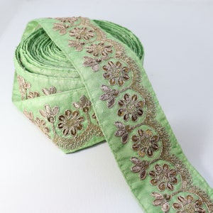 pistachio green indian lace decorative saree border fabric embroidered trimming indian sari ribbon gold sewing crafting costume trim by yard