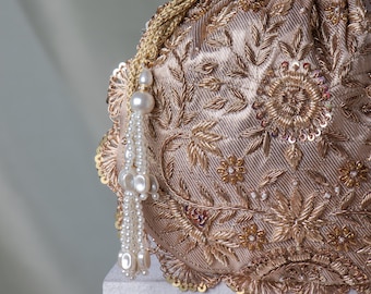 Luxurious Handcrafted Zardozi Sequin-Embroidered Drawstring Bag | Indian Wedding Accessory Bridesmaids Potli bag