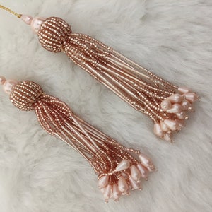 4inch bling cylindrical glass bead with pearl dropping hanging tassel embellishing tassel for occasion outfits, purses, decorative items Rose gold