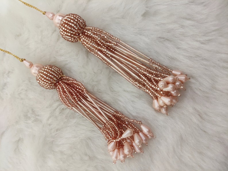 4inch bling cylindrical glass bead with pearl dropping hanging tassel embellishing tassel for occasion outfits, purses, decorative items Rose gold