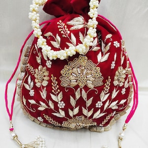 Artisian Hand gemacht goldene Zardosi bestickt verschönern indische Hochzeit samt rosa Potli Tasche Handtasche für Frauen | Designer Handtasche für Frau