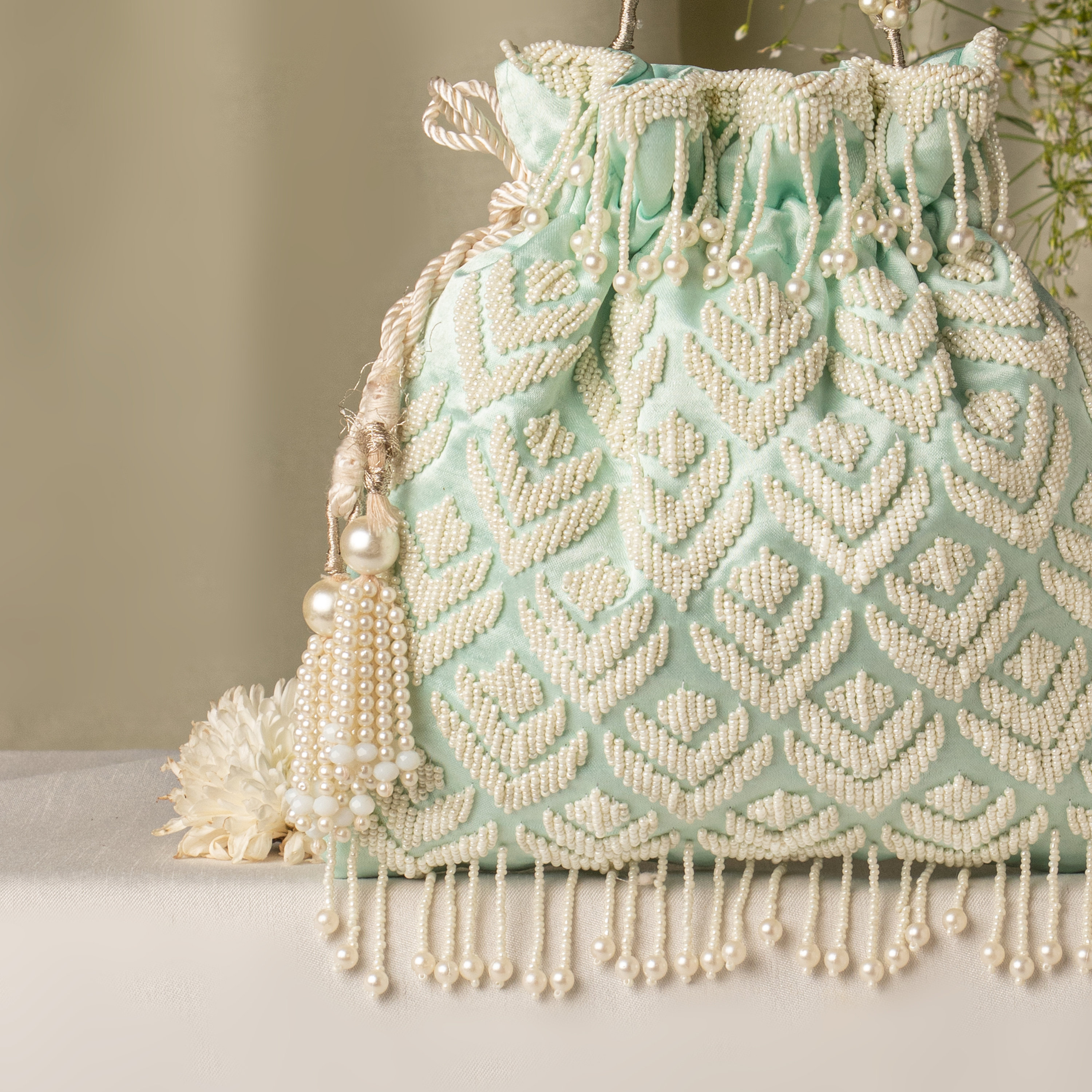 Sky Blue Satin Potli Bag: Pearl Beaded Indian Wedding Favor