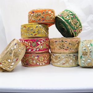 2.25&quot; Wide Textile Art Déco Fabric Trimming Lace by the Yard, Gota Patti Saree Dupatta Sewing Border, Beautiful Ethnic Ribbon For Crafting
