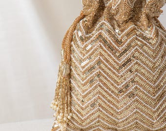 Sequin Beaded Bridal Potli Bag: Zig Zag Embroidered Wedding Pouch