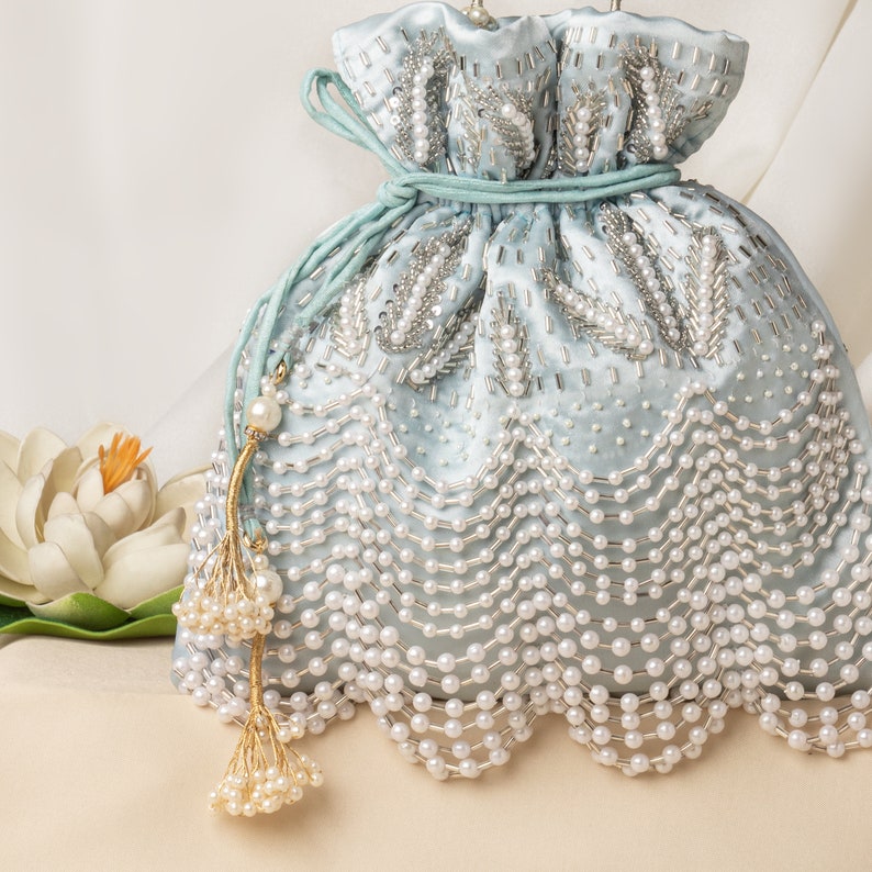 Pearl Bead Embroidery Satin Potli Bag: Sky-Blue Bridal Purse (10" x 8") image 2