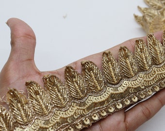 Golden Leaf Sequin Beaded Lace Trim: Indian Sari Border, Wedding Gown Embellishment
