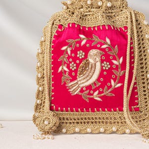 Art Deco Bird Embroidered Crochet Potli Bag | Indian Wedding Evening Purse