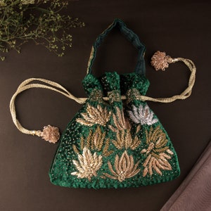 Classic Emerald Green Wedding Evening Purse | Art Deco Lotus Embroidered Zardozi Handbag Pouch Purse | Bridesmaids Velvet Drawstring Purse