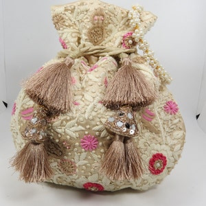 Handmade Beige Silk Potli Bag: Floral Embroidered Indian Wedding Handbag