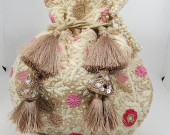 Handmade Beige Silk Potli Bag: Floral Embroidered Indian Wedding Handbag