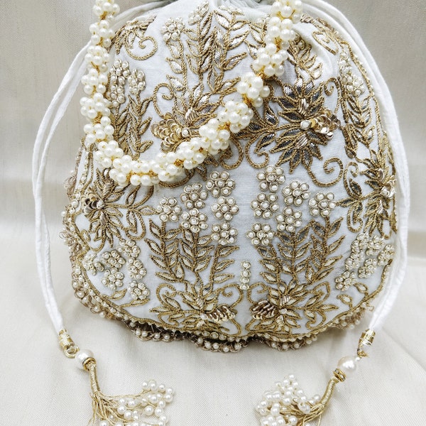 beautiful zardosi embroidered pearl beaded women handbag potli bag | bridal party bridesmaid bag | designer off white handbag for woman