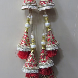 Red & Golden Bridal Lehenga Tassels: Gota Patti Pearl Latkan - Indian Saree, Set of 4