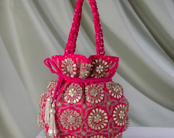 Bolso Potli rosa bordado con Gota Patti / Monedero con cordón de tela Mothara, accesorio de boda