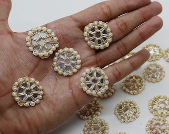 Golden Zari Mirror Applique: Beaded Embellishment, DIY Crafting (10 Pcs)