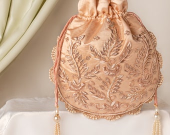 Rose Gold Zardozi Embroidery Potli Bag: Indian Wedding Favor Purse