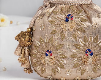 Art Deco Peacock Potli Bag: Zardozi Embroidered Silk Drawstring Pouch