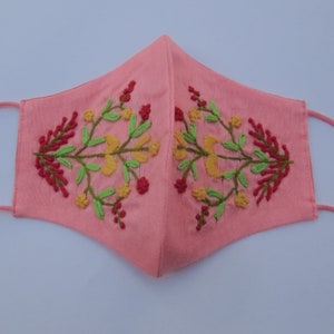 artisan hand embroidery floral texture rose pink face mask for women | designer silk fabric face mask for formal pink dress | adult mask