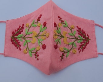 Handgestickte Blumen Gesichtsmaske | Rosa Seide, Erwachsene Größe