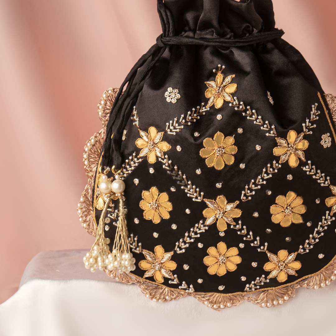 Embroidered Black Satin Potli Bag: Indian Wedding Favor Purse