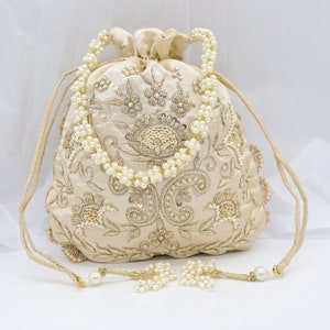 Hand Embroider Zardosi Satin Designer Inspired Handbag Woman | 20s Bucket Pouch Purse Bag Golden Wedding Bridal Bridesmaid Embellished Purse