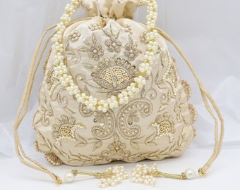 Brodez à la main Sac à main inspiré du designer Zardosi en satin pour femme | Sac seau et sac à main pour mariage, demoiselle d'honneur nuptiale dorée, sac à main orné