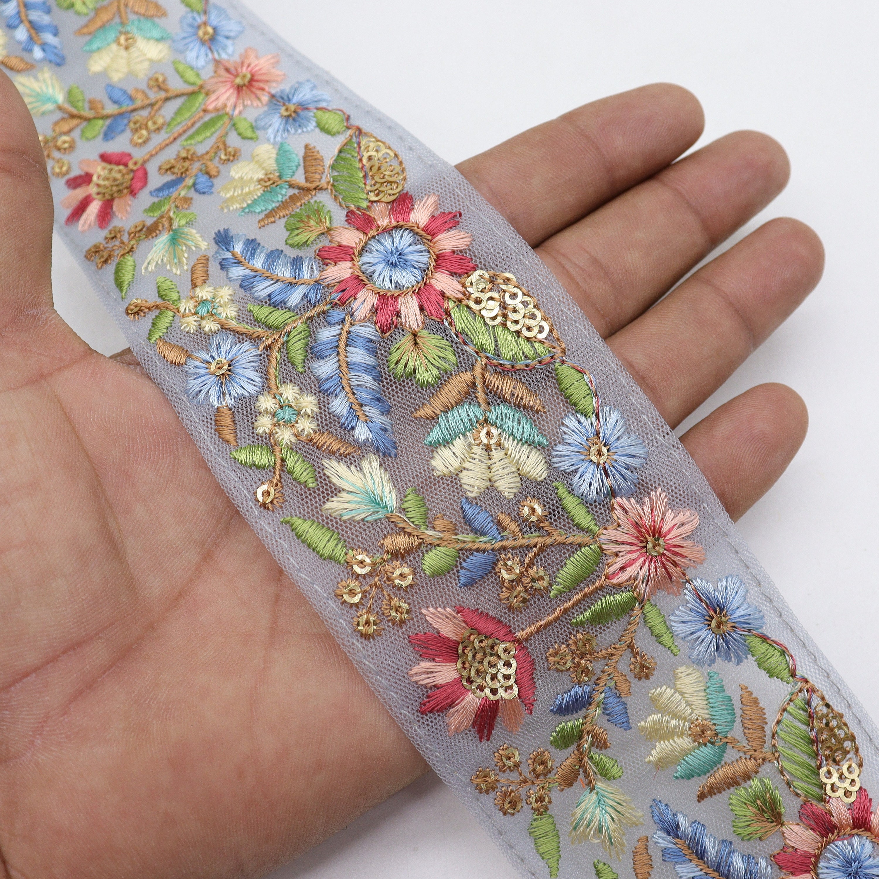 Sequin Floral Embroidered Net Trim: Indian Sari Border Ribbon