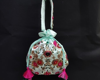 Embroidered Plum Blossom Silk Potli Bag: Art Deco Evening Purse