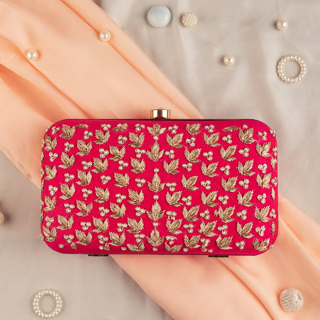 Golden Zardosi Leaf Embroidery Wedding Designer Clutch for Woman