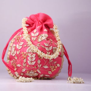 Carrat Pink Color Indian Traditional Handmade Zardozi Work Potli Bag || Clutch ||  Handbags For Wedding Give Aways