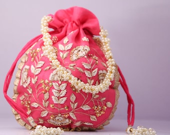 Handmade Zardozi Potli Bag | Pink Indian Wedding Favor Clutch