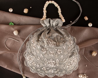 Silver Zardozi Floral Embroidery Satin Drawstring Pouch: Handmade Wedding Purse