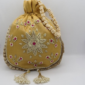 Golden Embroidered Silk Potli Bag: Indian Wedding Favor Handbag