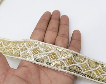 White Pearl Golden Sequin Zardozi Trim: Hand Embroidered Ribbon