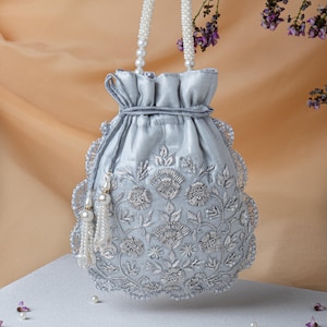 Potli argenté en tissu à mailles, sac de soirée à broder de sequins Zardozi Katdana pour mariage, pochette à cordon faite main, petit sac à main de demoiselle d'honneur