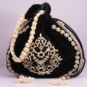 black velvet potli floral pearl flower zardosi handmade embroidery bag for woman | elegant evening woman bag | handmade victorian handbag