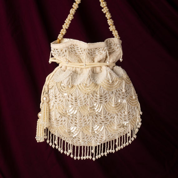 Ivory Art Deco Sequin Bead Potli Bag: Hand Embroidered Velvet Wedding Purse