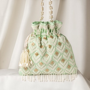 beautiful beaded potli bag modern wedding | bridal potli purse | hand embroidered indian satin drawstring purse | wedding favor purse