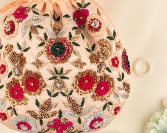 Floral Embroidered Silk Potli Bag: Indian Wedding Purse