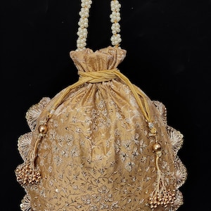 Banarsi Silk Golden Sequin Wire Embroider Traditional Indian Wedding Drawstring Handbag Purse | Adorable Wedding Evening Bag For Bridesmaid