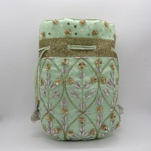 pistachio green silk fabric sequin zardosi embroidered embellish wedding handbag potli bag for woman | embroider purse bag floral wedding