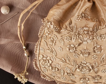 Regal Zardozi Floral Hand Embroidery Potli Bag for Wedding | Indian Ethnic Bridesmaid Accessory | Exclusive Wedding Gift Drawstring Purse