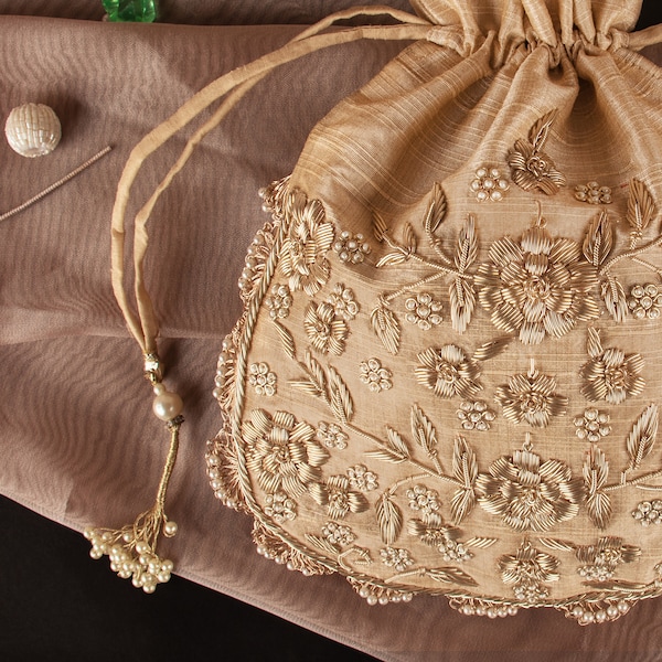 Regal Zardozi Floral Hand Embroidery Potli Bag for Wedding | Indian Ethnic Bridesmaid Accessory | Exclusive Wedding Gift Drawstring Purse