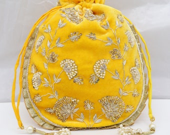 Beautiful Yellow Velvet Zardosi Embroidered Pearl Beaded Indian Women Handmade Artisian Handbag Potli Bag For Wedding Evening Parties