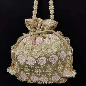 charm pink and white flower sequin embroider top handle beige hand bag for woman | designer inspired pearl beaded art deco drawstring bag