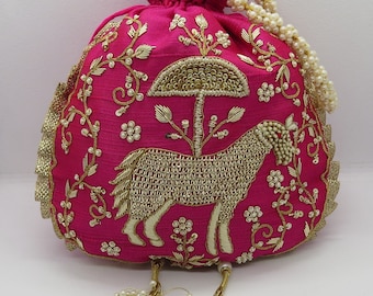 Bolso de boda de seda con bordado Zardosi hecho a mano: bolso de mano de color rosa magenta