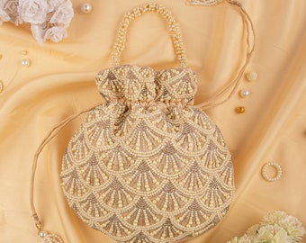 Pearl & Bead Embellished Potli Bag: Beige Satin Silk Wedding Purse