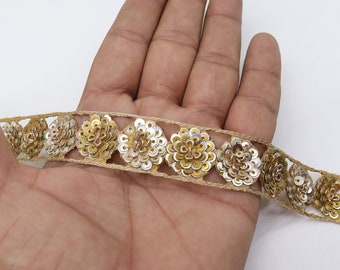 Gold Sequin Flower Trim: Zardozi Hand Embroidered Lace